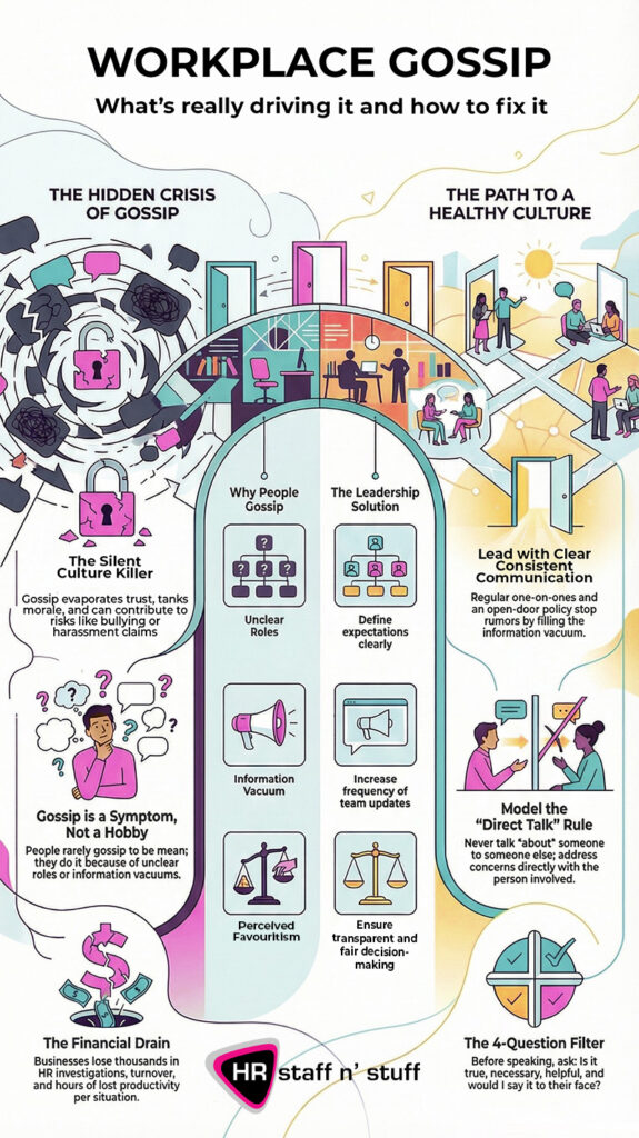 Workplace gossip infographic explaining the causes of employee disengagement and how to prevent gossip at work through better communication, leadership and clear expectations.