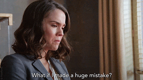 A woman asking "What if I made a huge mistake?"