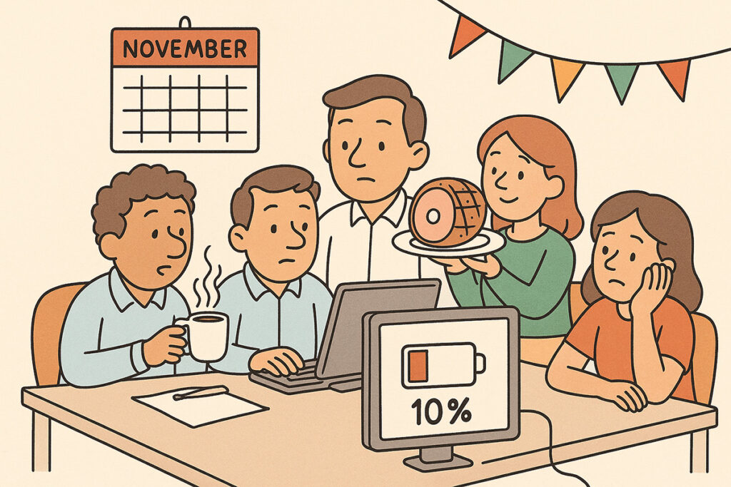 Cartoon showing team during end-of-year motivation slum