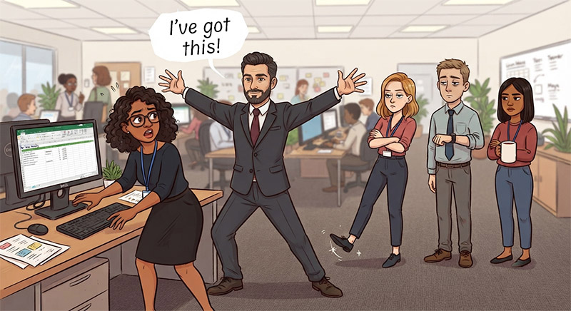 Overfunctioning manager taking over team members' tasks instead of delegating.
