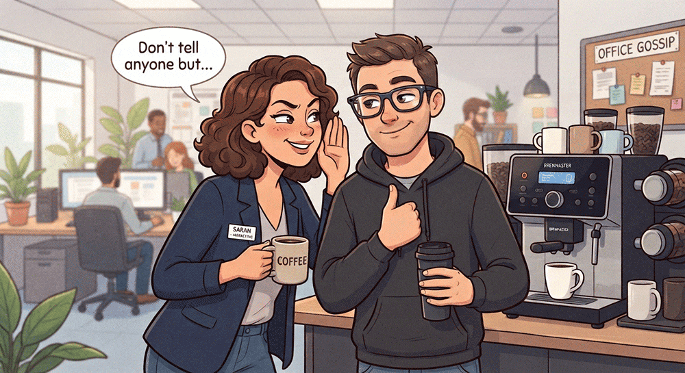 Cartoon of two colleagues at a workplace coffee machine, one whispering a secret while the other, wearing smart glasses, gives a thumbs up to the camera.